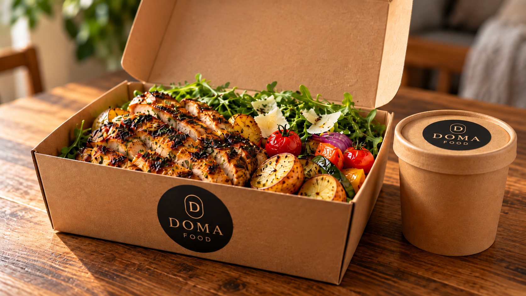 Grilované kuracie mäso, pečené zemiaky, rukola a zelenina od DOMA food